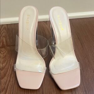 BAMBOO Pink Clear-Strap Square Toe Slide Heels
